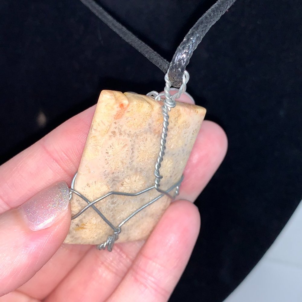 20" Braided Leather necklace with Wire wrapped Fossilized Coral Pendant - Picture 5 of 8